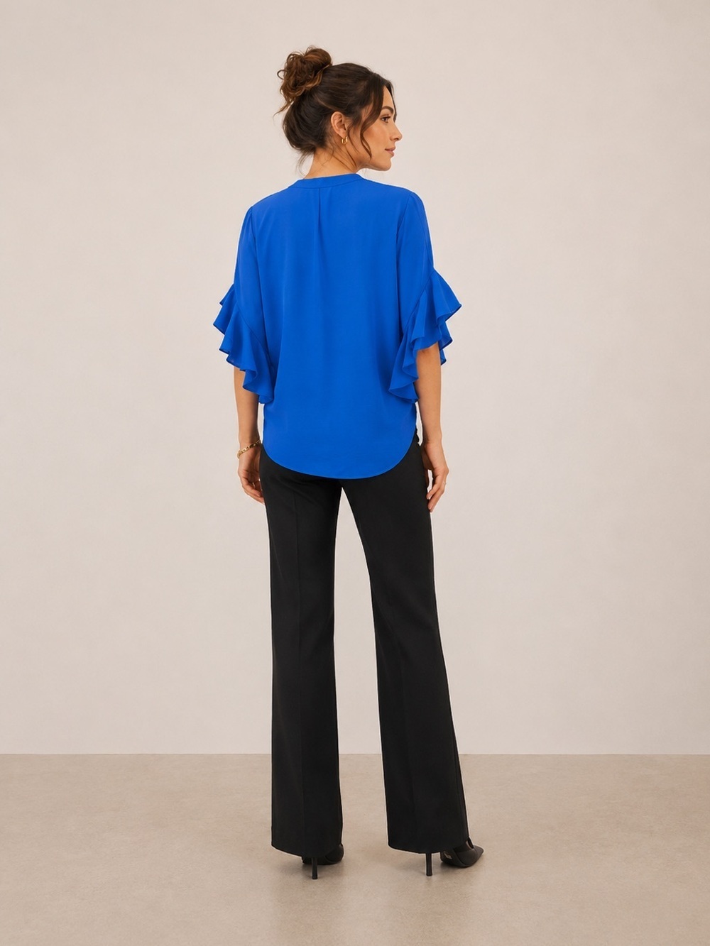 NWT Vince Camuto Split Neck Ruffle Sleeve Blouse Deep Azure Size XS - Picture 7 of 15